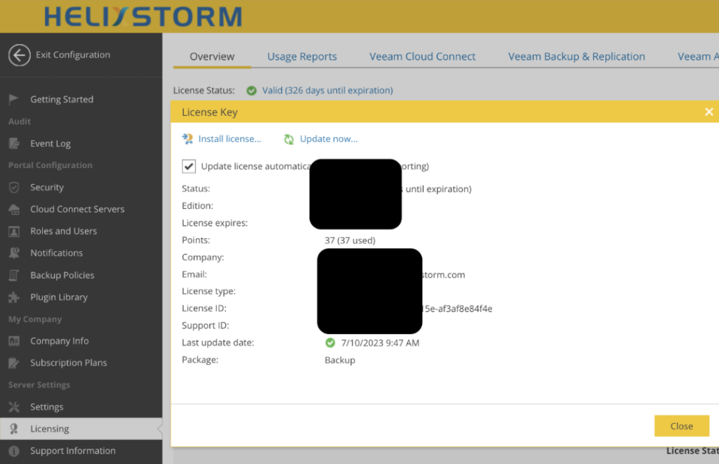 Veeam licensing explained in Helixstorm dashboard